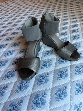 Eileen Fisher Metallic Pewter Wedge Sandals with Ankle Cuff